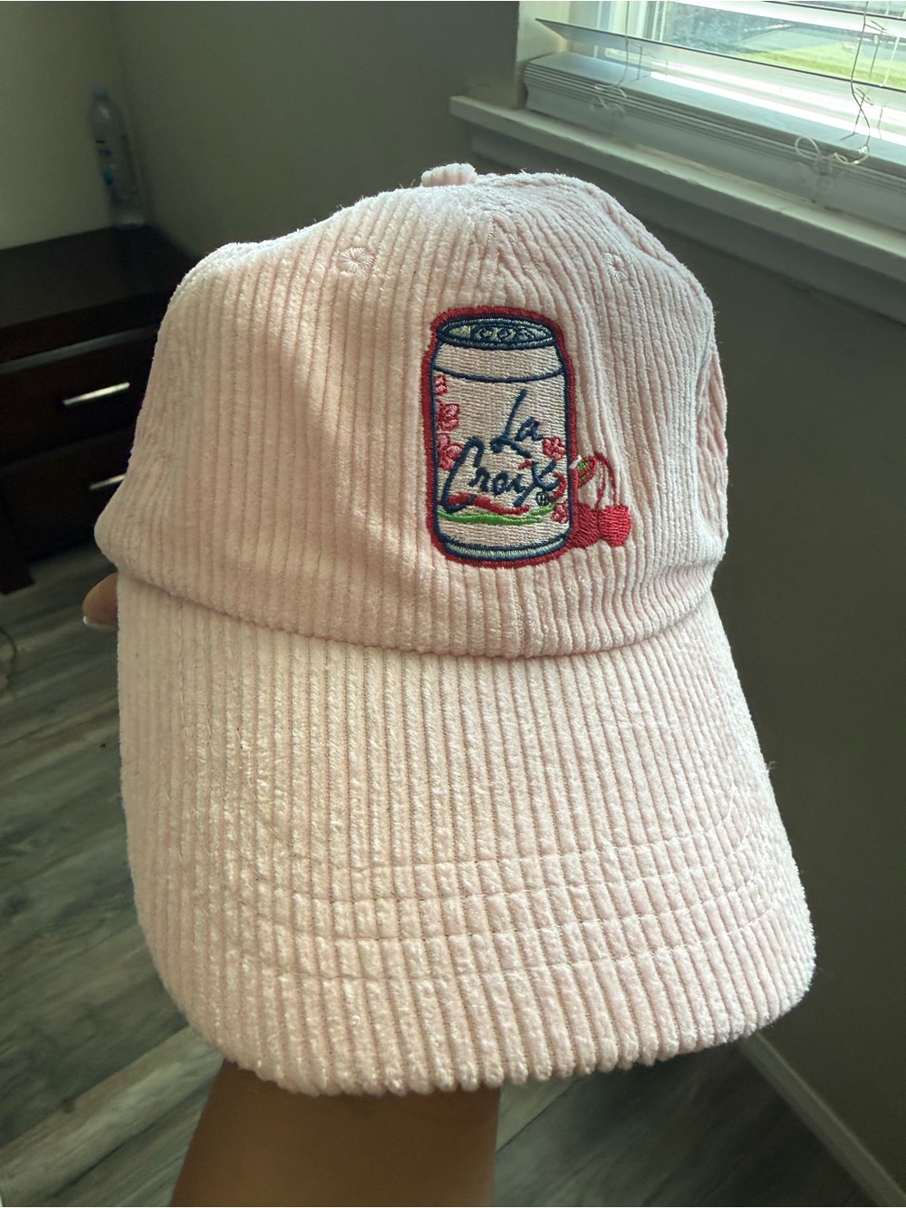 Pink Corduroy Baseball Cap with Cherry & Can Embroidery